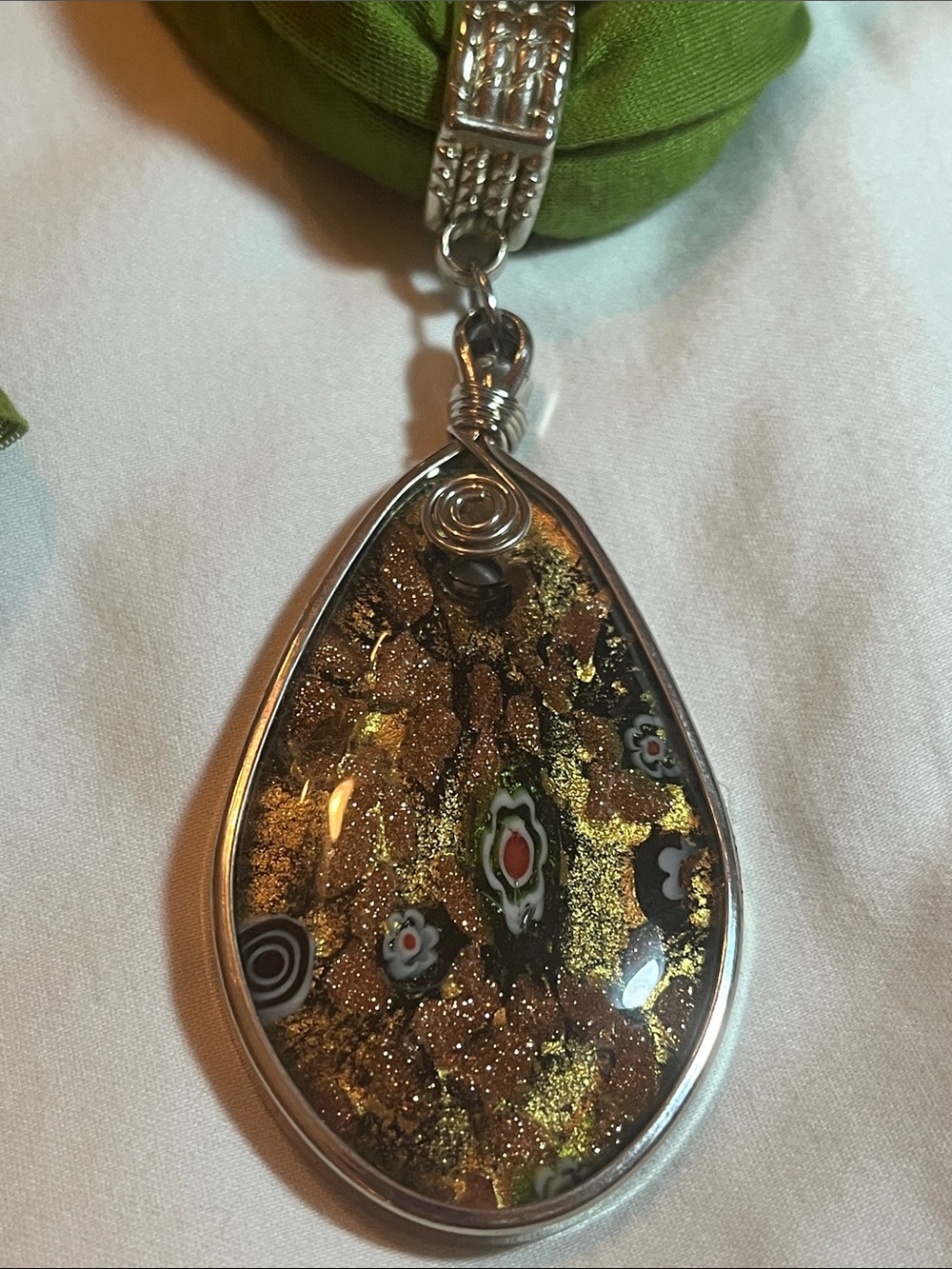 Green Scarf Necklace with Teardrop Millefiori Pendant